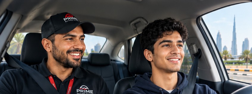 A smiling instructor and a student in a Prime Driving School car with the Dubai skyline behind
